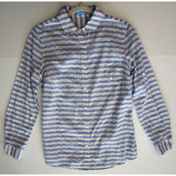 J. McLaughlin Women's Sz S Blue/Cream Striped Swiss Dot Button-Up L/S Shirt - Picture 5 of 6